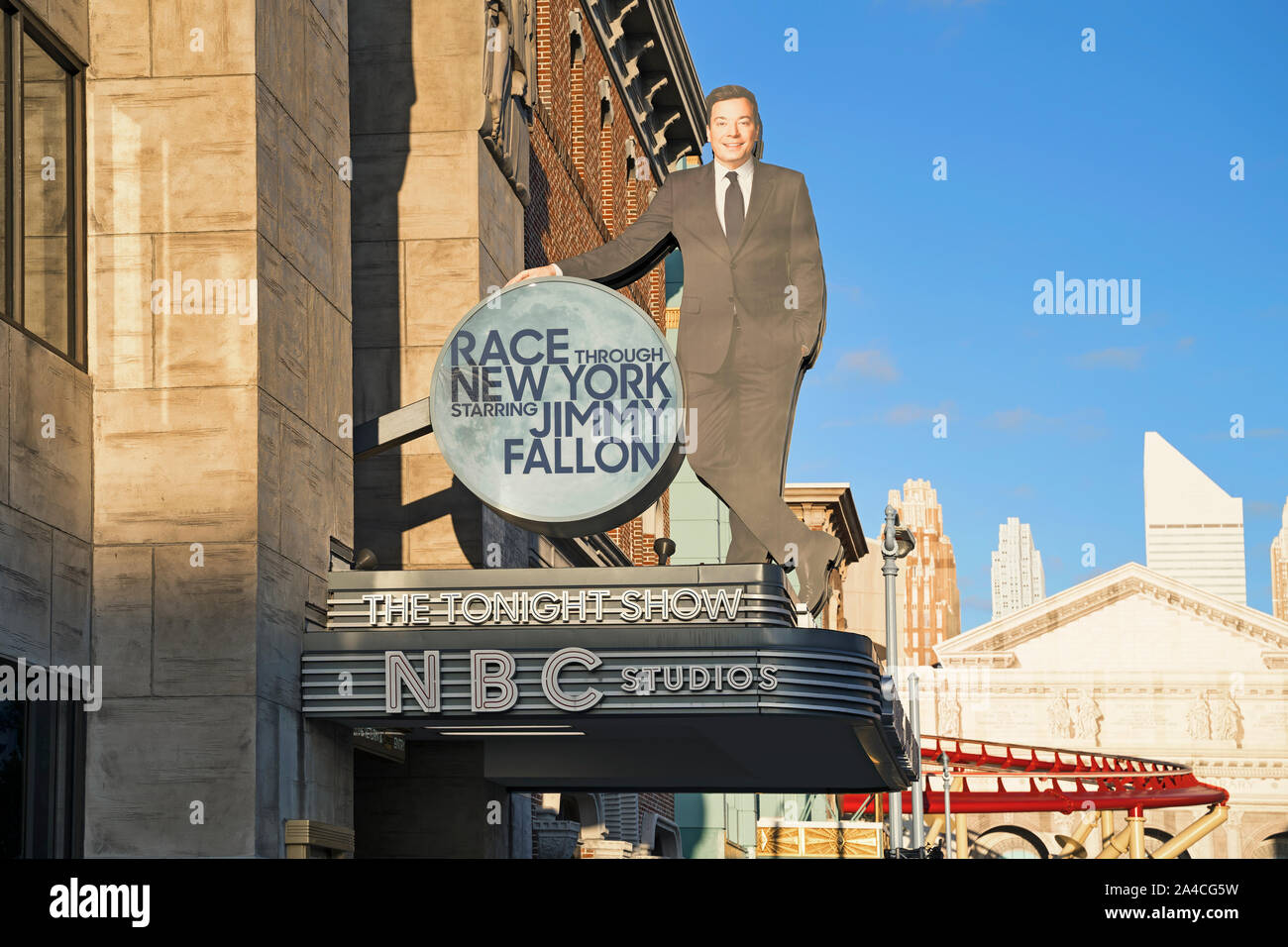 Jimmy Fallon di gara attraverso New York Ride, Tonight Show NBC, Universal Studios, Orlando, Florida, Stati Uniti d'America Foto Stock