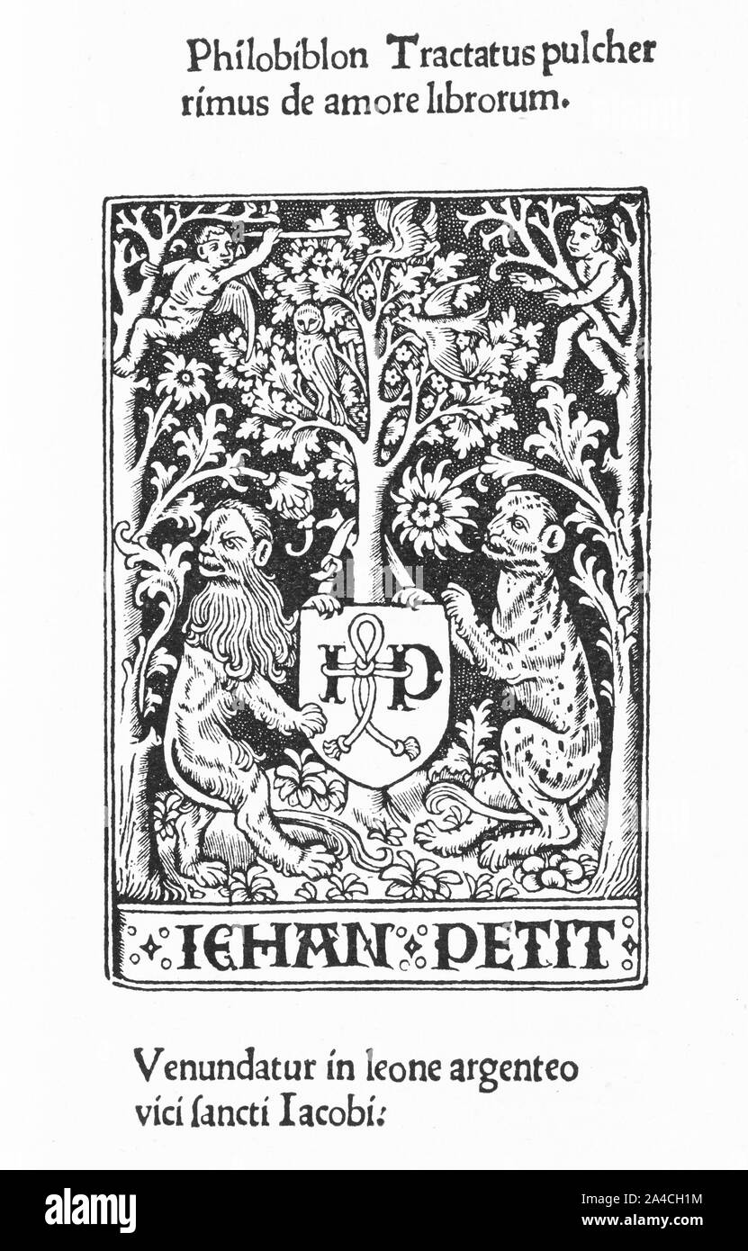Silografia su la pagina del titolo della Philobiblon dalla medievale bibliofilo Richard de Bury, nel 1550 edizione stampata in Parigi. Il Philobiblon è una raccolta di saggi sull'acquisizione, la conservazione, e organizzazione dei libri, pubblicato per la prima volta 1345. Foto Stock