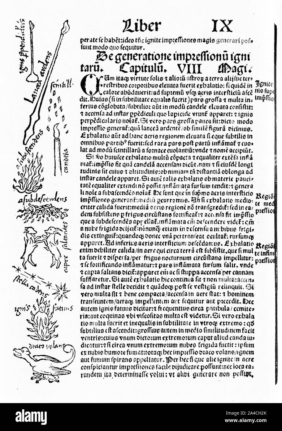 Xilografia da Margarita Philosophica (l'Philosphical Pearl) da Gregor Reisch, 1517, spiegando i diversi tipi di incendio. Foto Stock