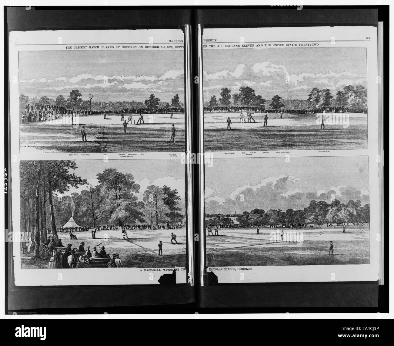 La partita di cricket giocato a Hoboken su ottobre 3-6, 1859, tra l'Inghilterra tutti gli Undici e gli Stati Uniti Twenty-Two una partita di baseball all'Elysian Fields Hoboken. Foto Stock