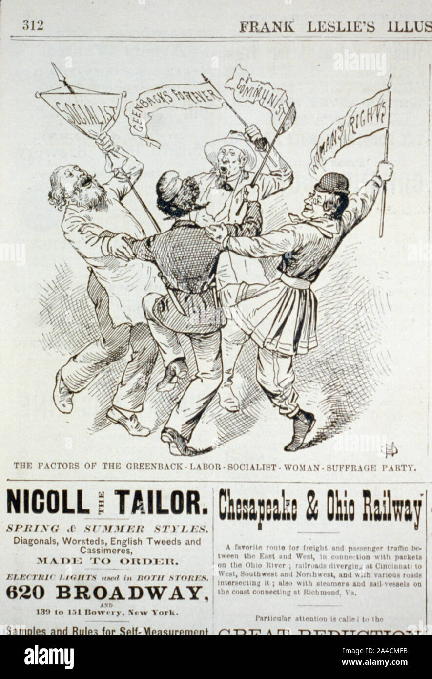 I fattori del Greenback-Labor-Socialist-Woman-suffragio parte [caricatura di 4 uomini a ballare, ogni azienda banner del loro partito del partito] Foto Stock