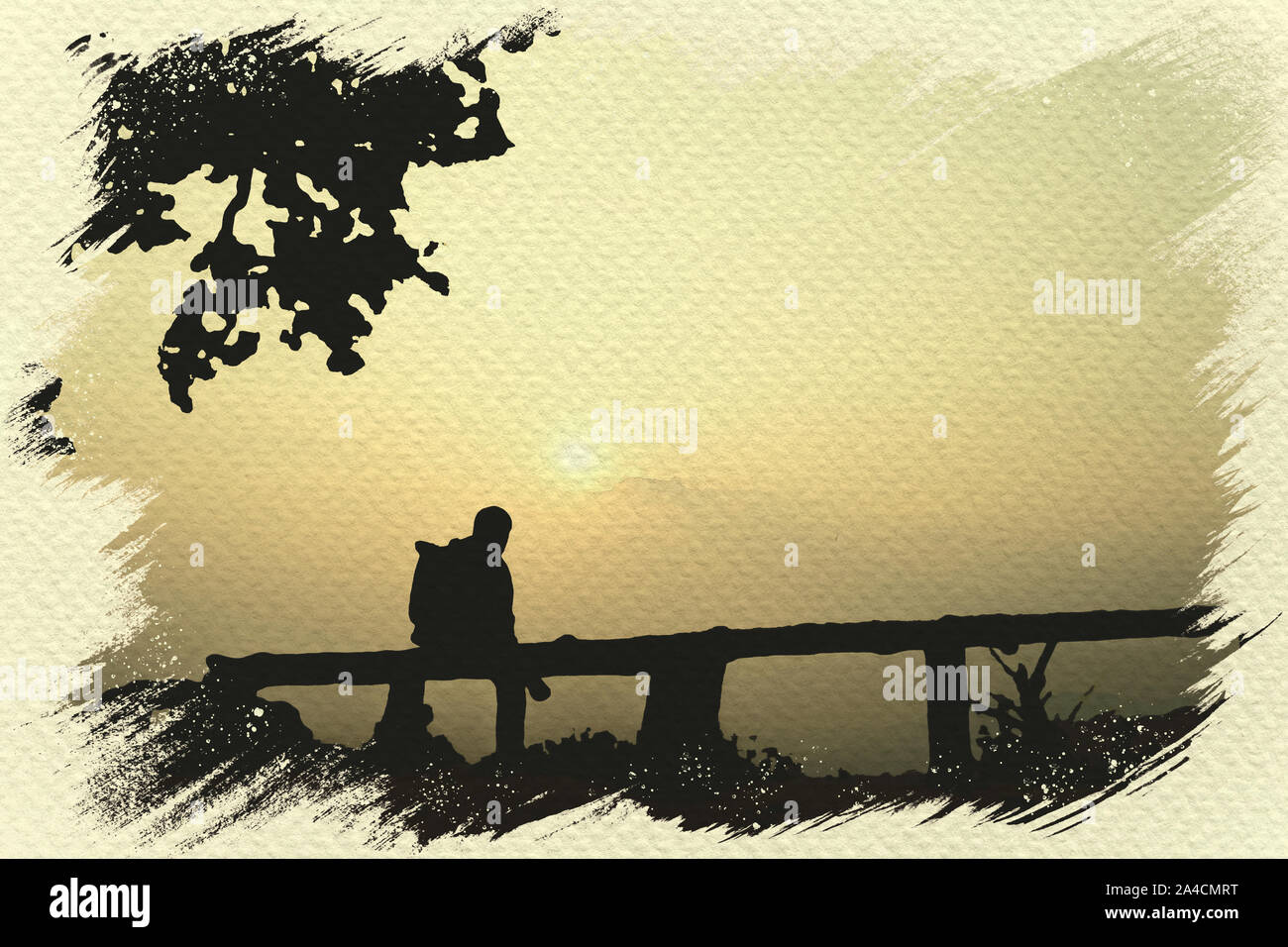 L uomo seduto e vedere il tramonto del punto di vista. Digital pittura ad acquerello effetto. Copia spazio per il testo. Foto Stock