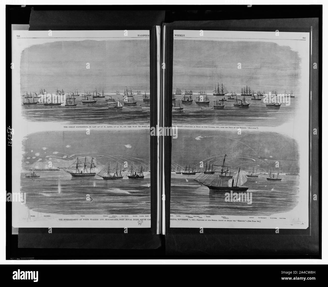 La grande spedizione, [...] sul modo di Port Royal di aspirazione / abbozzato a mezzogiorno del 31 ottobre 1861, dal ponte di il sistema di cottura a vapore Matanzas. Il bombardamento delle fortezze Walker e Beauregard, Port Royal ingresso, Carolina del Sud, 7 Novembre 1861 / disegnati dal nostro artista speciale a bordo del mercurio. Foto Stock