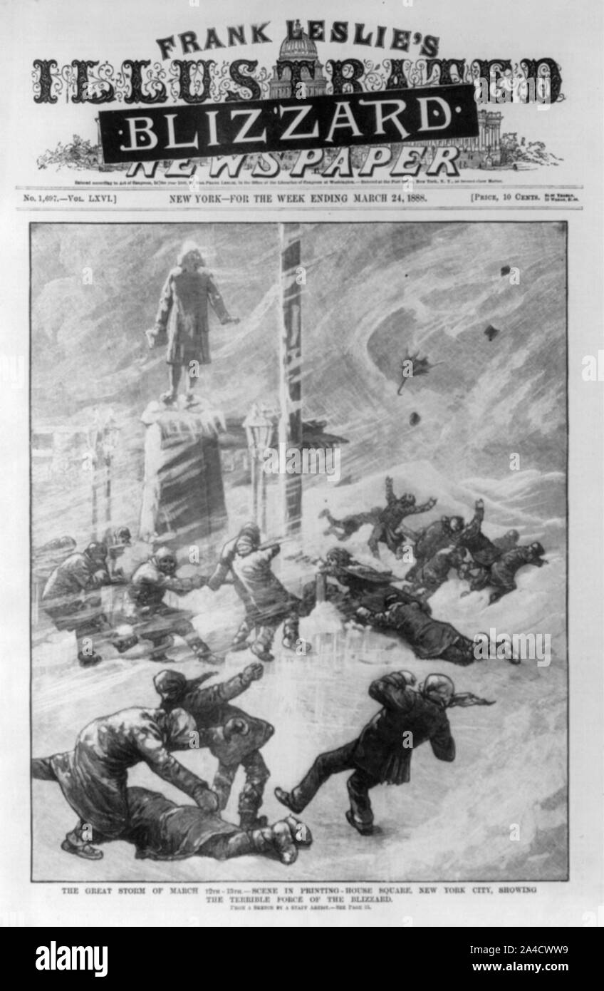 La grande tempesta di Marzo 12th-13th - scena in Printing-House Square, New York City, mostrando la forza terribile della Blizzard [Persone essendo spazzato via dal vento in blizzard Foto Stock