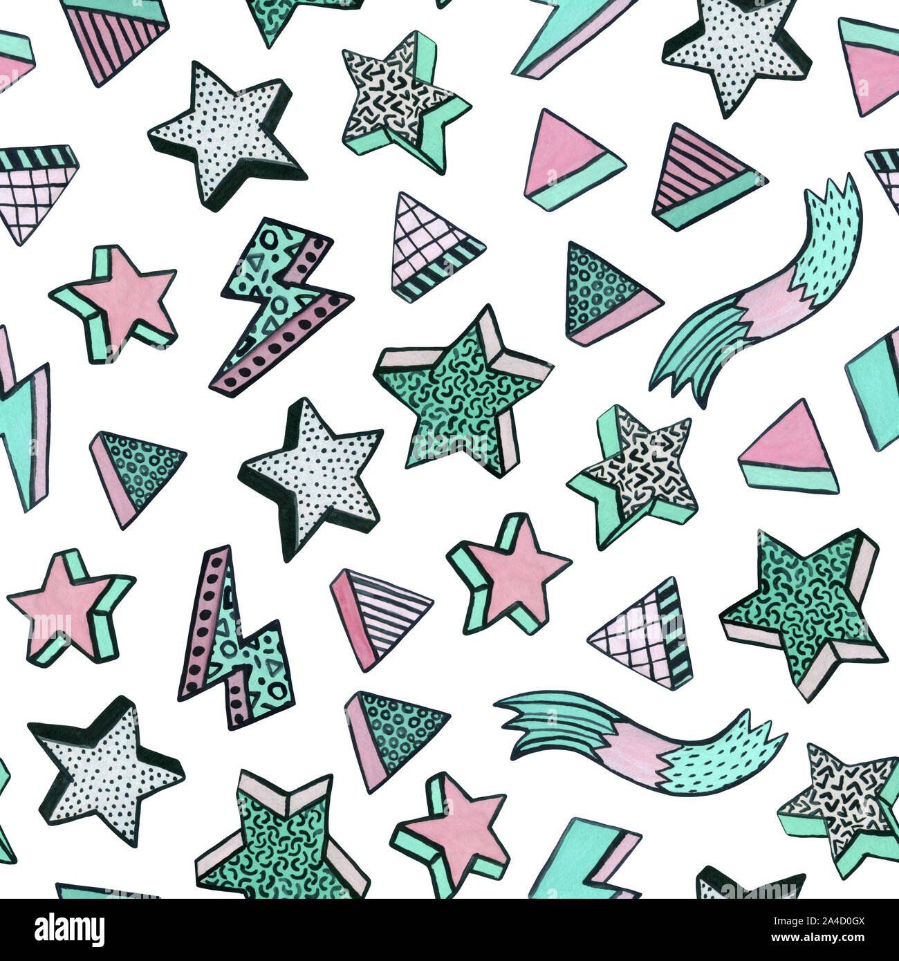 Semplice acquerello seamless pattern in minima stile di memphis con stelle, triangoli, strisce. Design alla moda per Natale sfondo, sfondo, wrappin Foto Stock