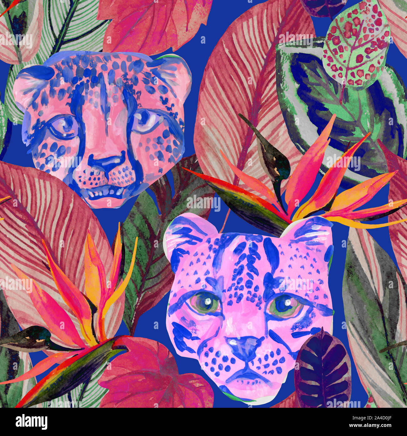 Luminose acquarello tropicale illustrazione botanica con fiori colorati, foglie, animale selvatico teste. Colore dell'acqua giungla esotica seamless pattern per la somma Foto Stock