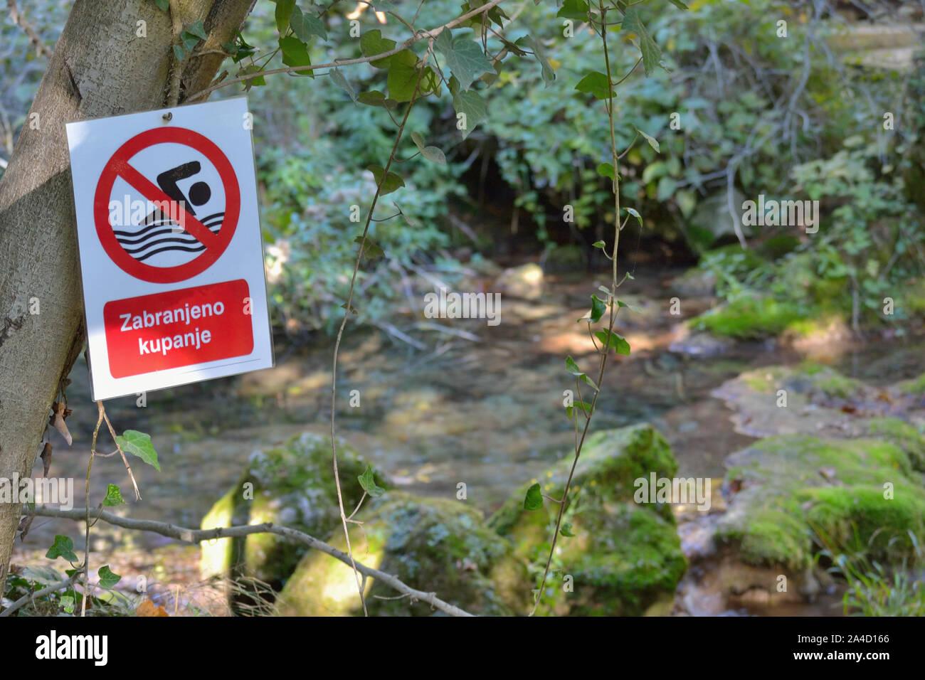 Il nuoto è vietato segno. "Zabranjeno kupanje' idro-complesso " Lisina " , Vrelo-Resava, mountain Beljanica,Serbia, Europa Foto Stock