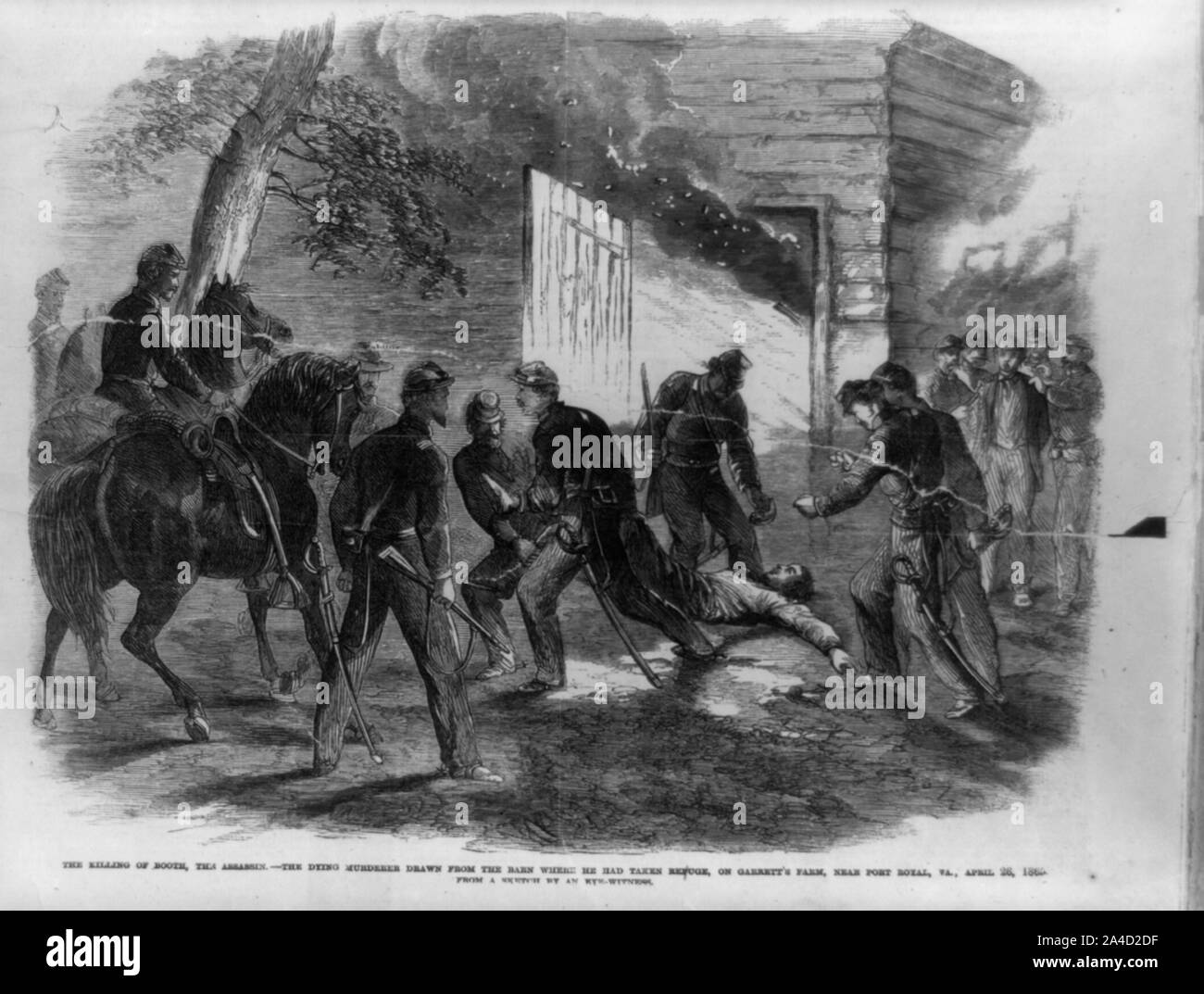L uccisione di Booth, l'assassino - l'assassino morente prelevata dal fienile dove egli capo preso rifugio, su Garrett's Farm, vicino a Port Royal, Va., 26 aprile 1865 Foto Stock
