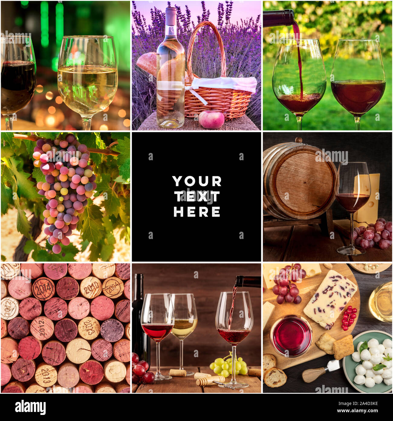 Vino con Collage copia spazio. Molte foto di uva, bicchieri da vino, barili, tappi, piazza un modello di progettazione per un banner, flyer, o il menu del ristorante Foto Stock