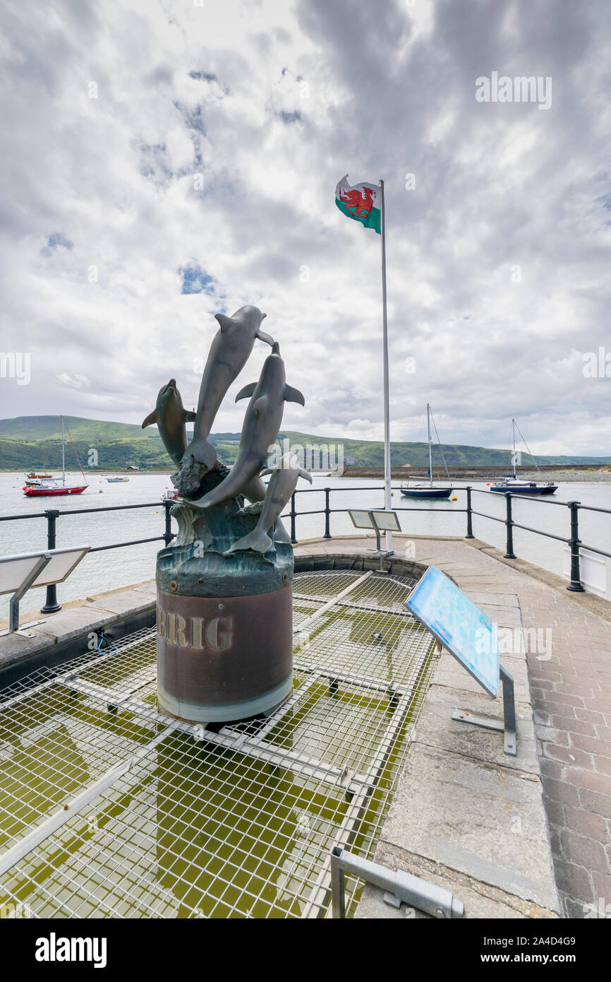 Bronzo scultura delfino sulla parete del porto in Barmouth Gwynedd sulla costa settentrionale del Galles Cardigan Bay Foto Stock