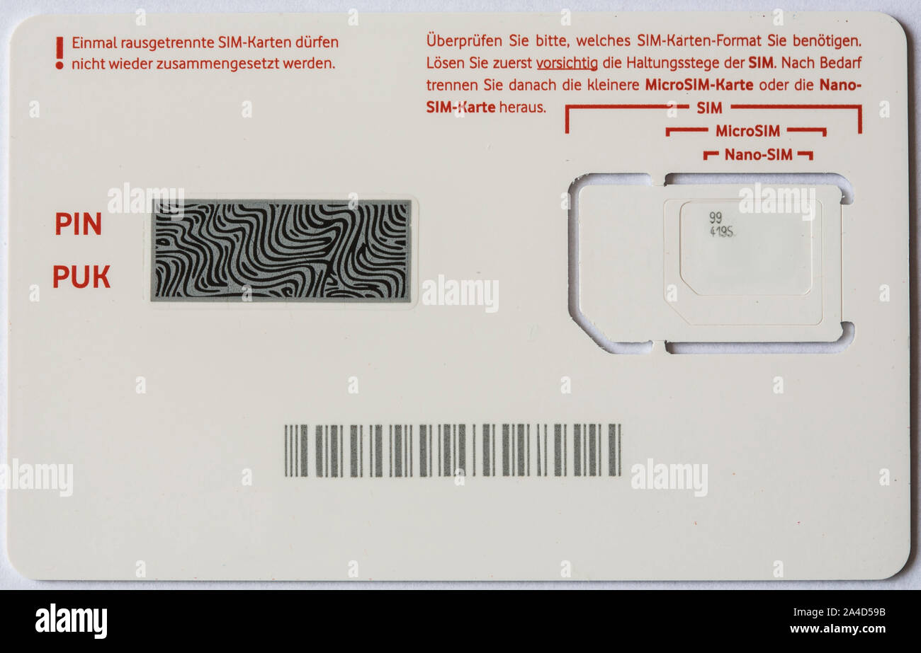 Le schede SIM per telefoni cellulari di varie dimensioni, MicroSIM, Nano-SIM, Foto Stock