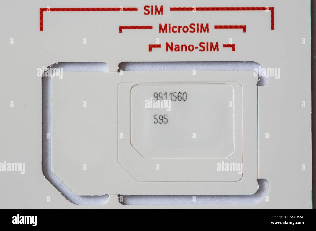 Le schede SIM per telefoni cellulari di varie dimensioni, MicroSIM, Nano-SIM, Foto Stock