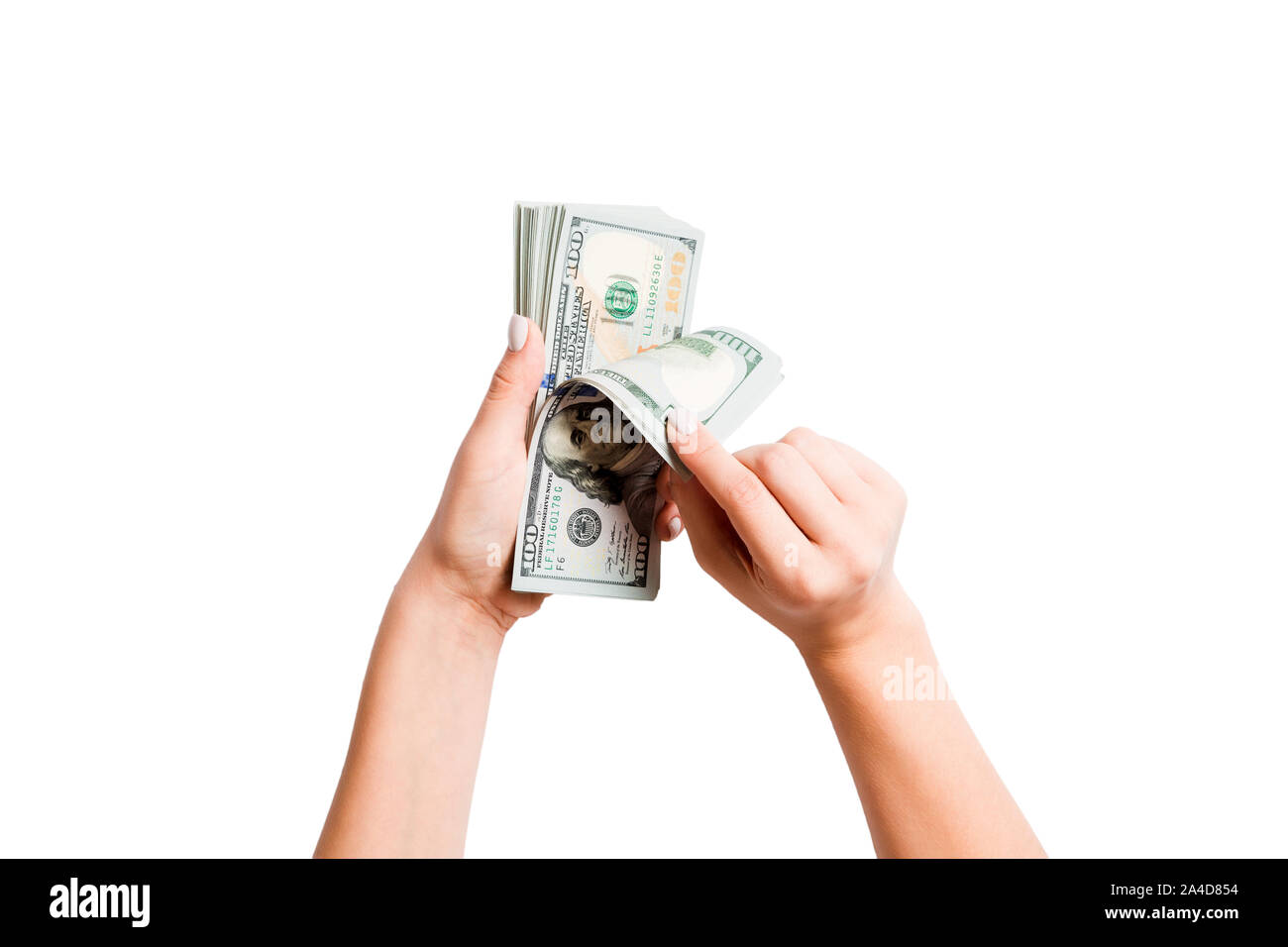 Immagine isolata di mani femminili il conteggio di dollari su sfondo bianco. Vista dall'alto di stipendi e salari il concetto. Foto Stock