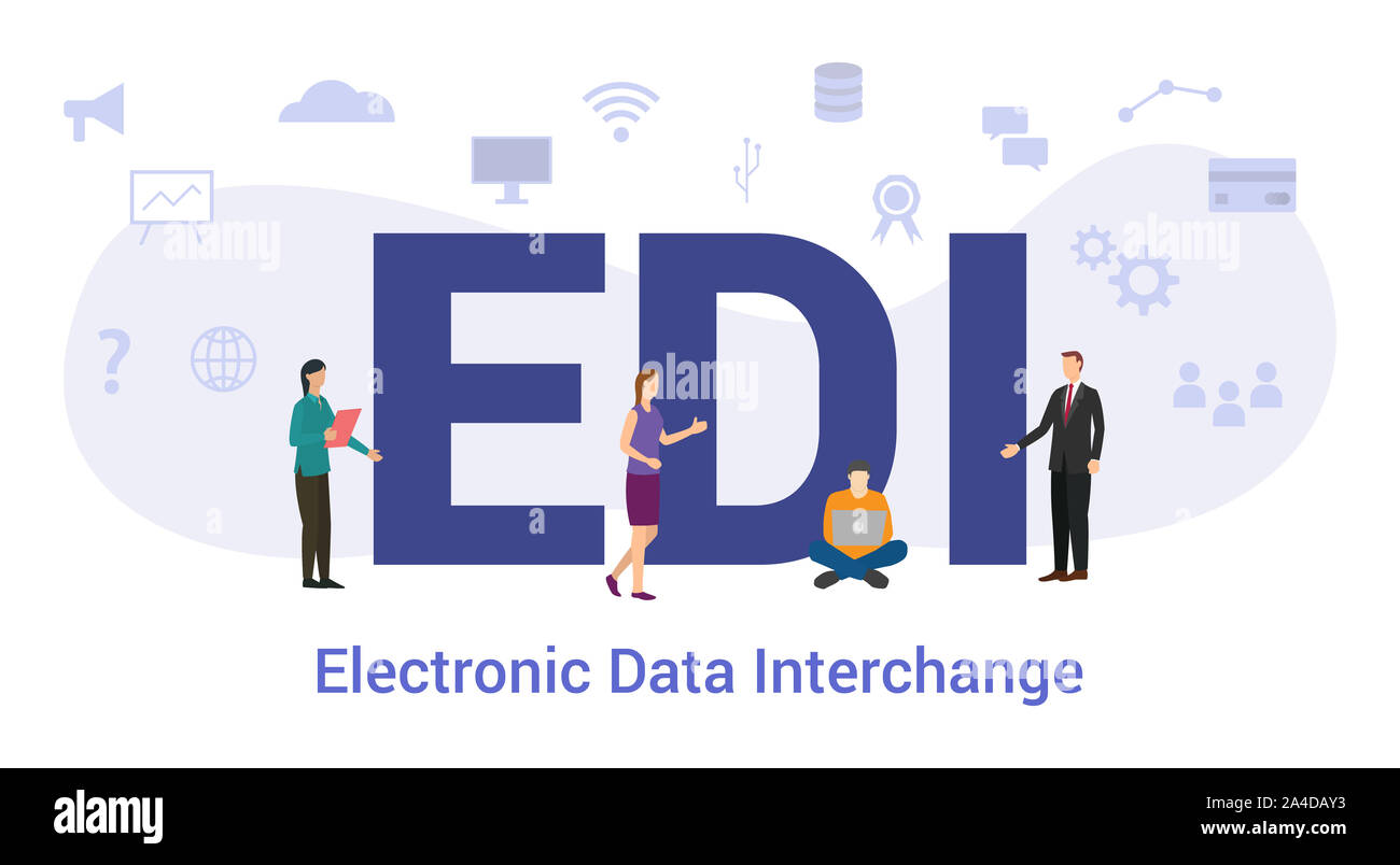Edi electronic data interchange concetto con grande parola o il testo e il team di persone con un moderno stile piatto - illustrazione vettoriale Foto Stock