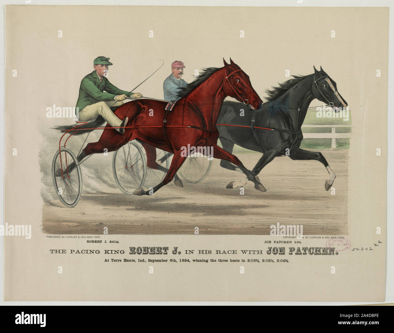 Il pacing King Robert J. nella sua gara con Joe Patchen: a Terre Haute, Ind., Settembre 6th, 1894, vincendo le tre manches in 2:03 3/4, 2:02 1/2, 2:04 3/4 Foto Stock