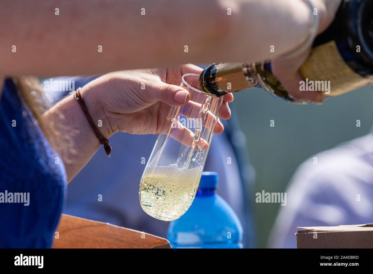 Donna versando champagne in vetro ad una festa in giardino Foto Stock