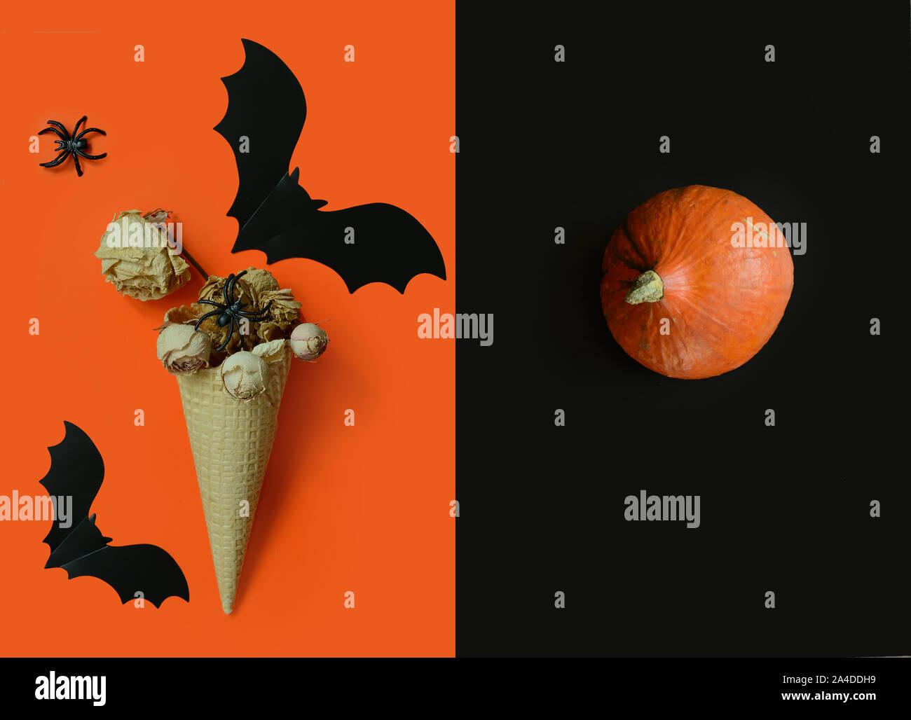 Sfondo di Halloween con la zucca, cono gelato con fiori secchi ,pipistrelli e ragno sul nero-arancio di sfondo.Concetto di Halloween. Lay piatto. vista superiore Foto Stock