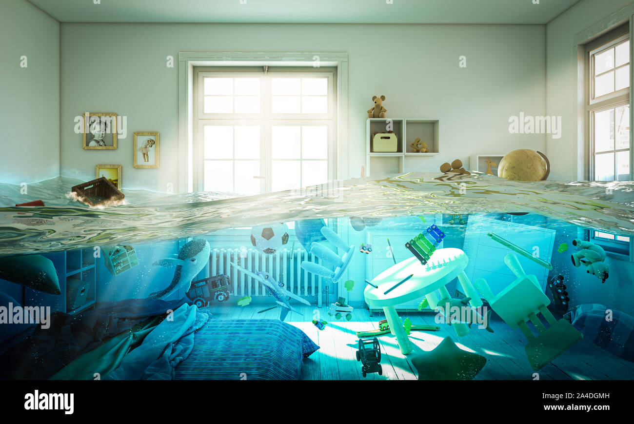 Abstract immagine 3D rendering di un invaso camera piena di giocattoli galleggianti in acqua. Foto Stock