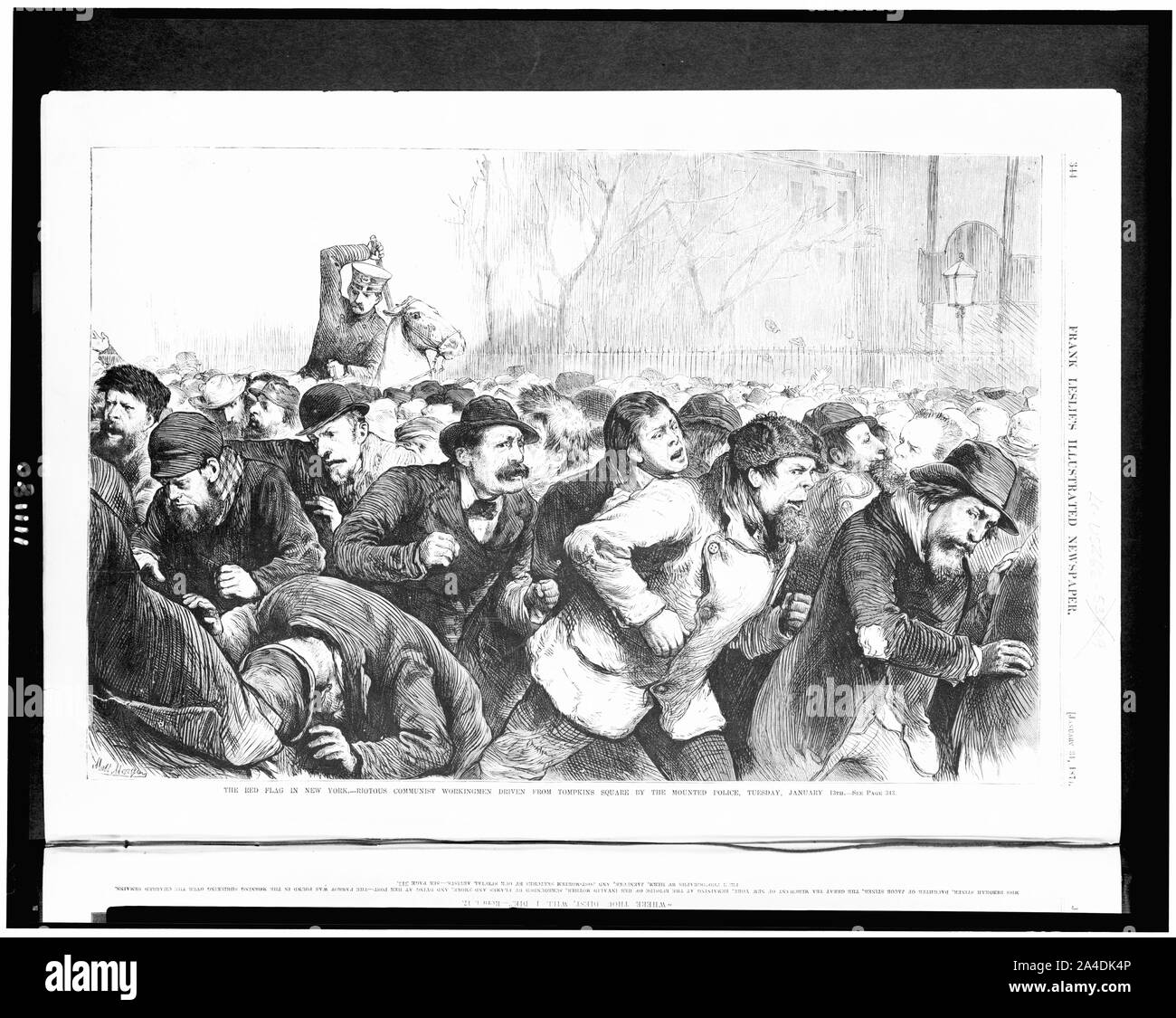 La bandiera rossa in New York - riottosi operai comunista guidato dal Tompkins Square dalla polizia montata, Martedì, 13 Gennaio / Matt Morgen( Foto Stock