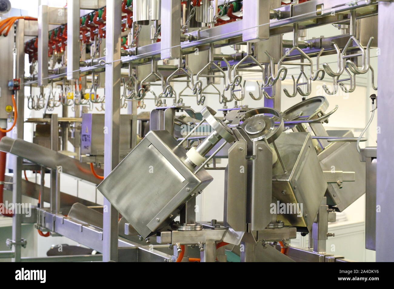 Set completo della linea di macellazione di un uccello. Linea automatica per il taglio e la porzionatura le carcasse di pollame. Attrezzature nella carcassa negozio di taglio. P Foto Stock