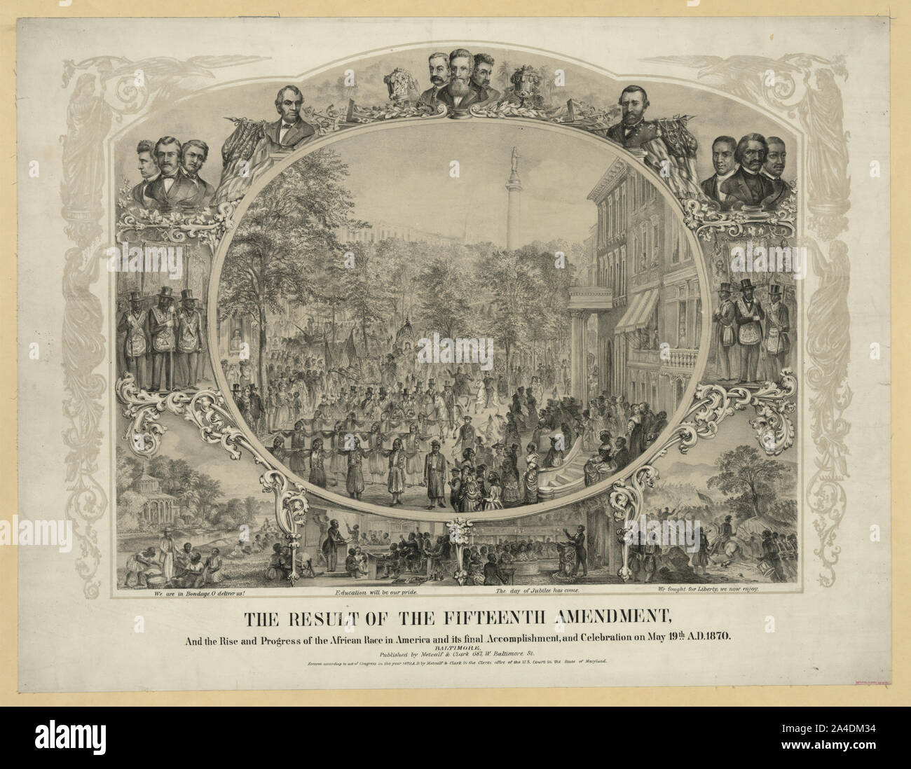 Il risultato del quindicesimo emendamento e il luogo e i progressi della corsa africana in America e il suo definitivo compimento e la celebrazione il 19 Maggio A.D., 1870 Foto Stock