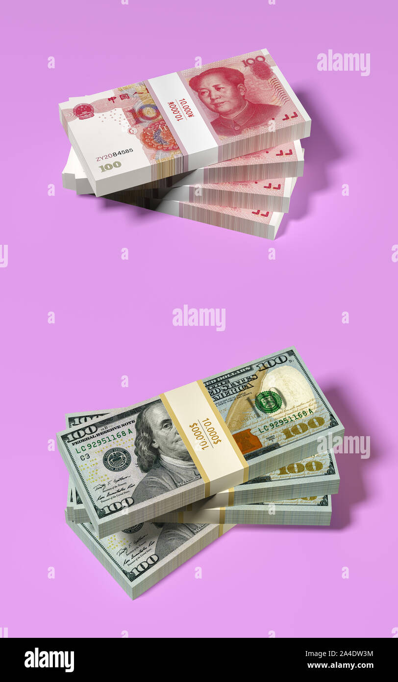 American 100 Dollaro cinese e 100 Yuan banconote su sfondo rosa - 3D rendering Foto Stock