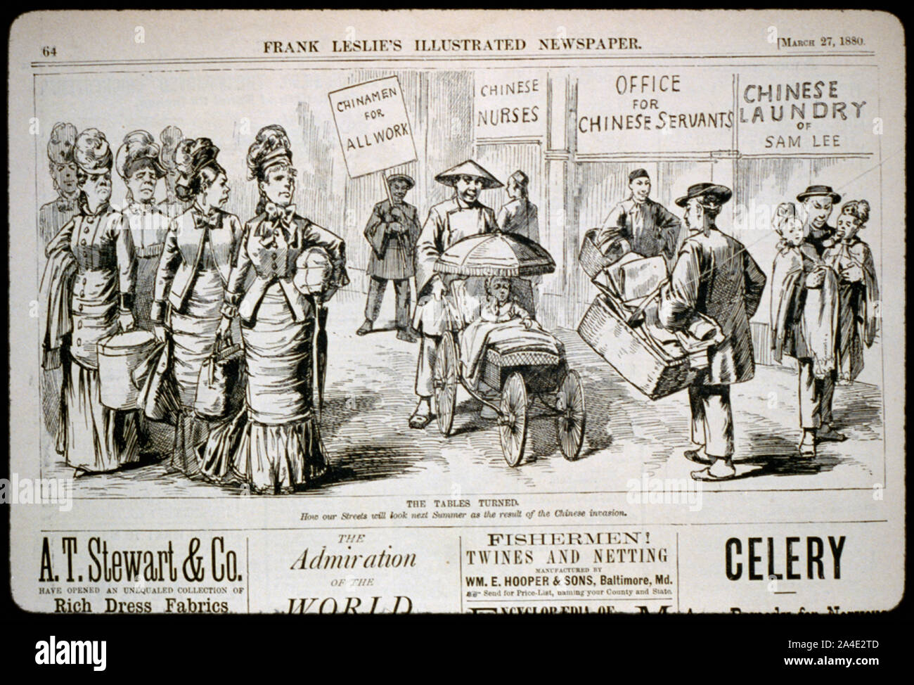 Le tabelle rivolta - come le nostre strade potranno guardare il prossimo anno come risultato dell'invasione cinese [caricatura di uomini cinesi come bambinaie e servi, uomo che porta segno Chinamen per tutto il lavoro e la lavanderia cinese Foto Stock