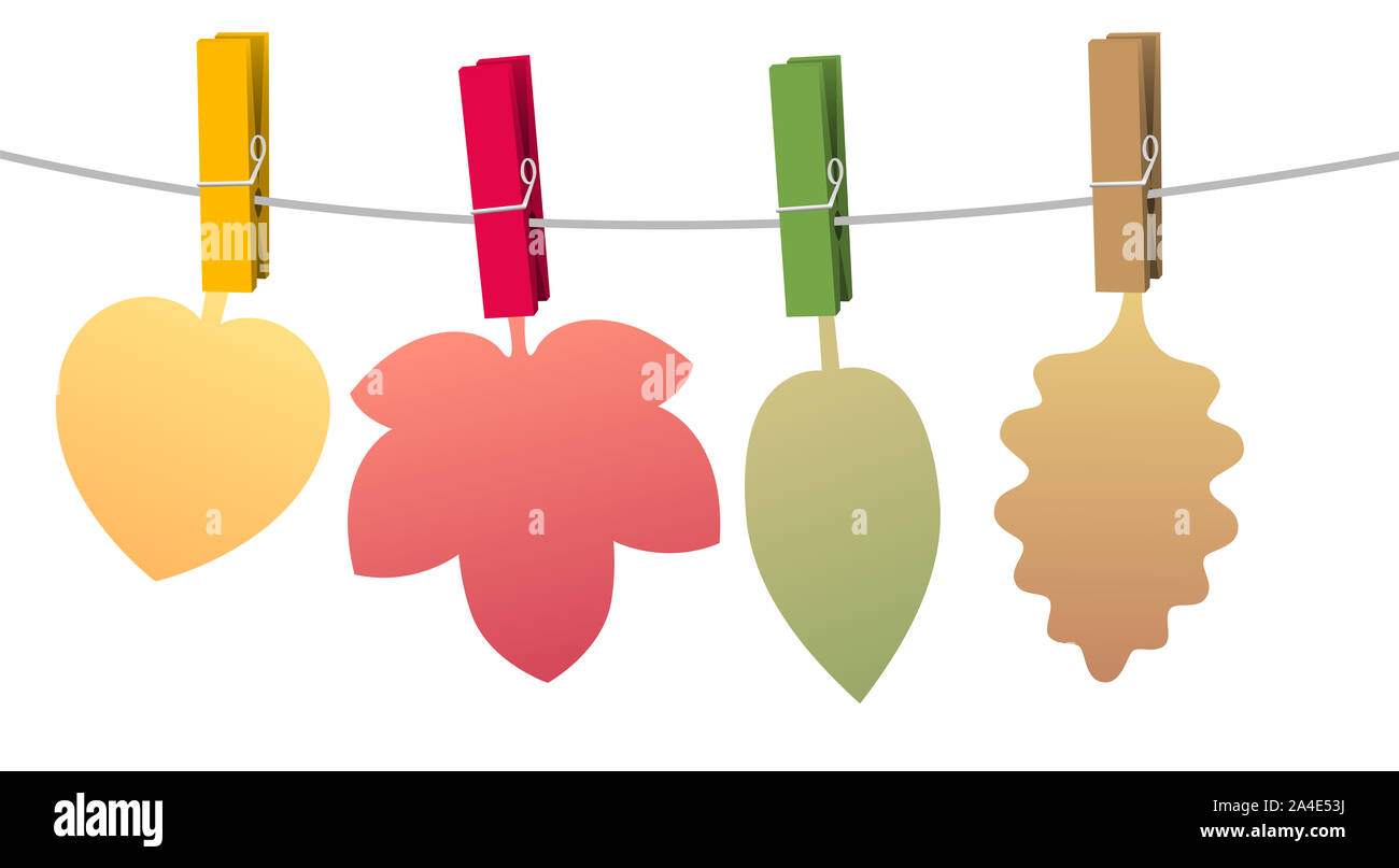 Foglie di autunno, vuoto carta colorata lascia per essere etichettati, fissata con perni di vestiti su una linea di abbigliamento corda - illustrazione su sfondo bianco. Foto Stock