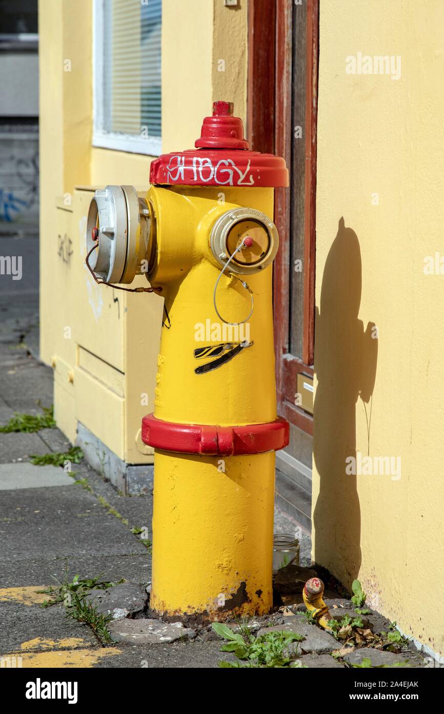 Giallo e rosso fuoco idrante in strada, Reykjavik, Islanda Foto Stock