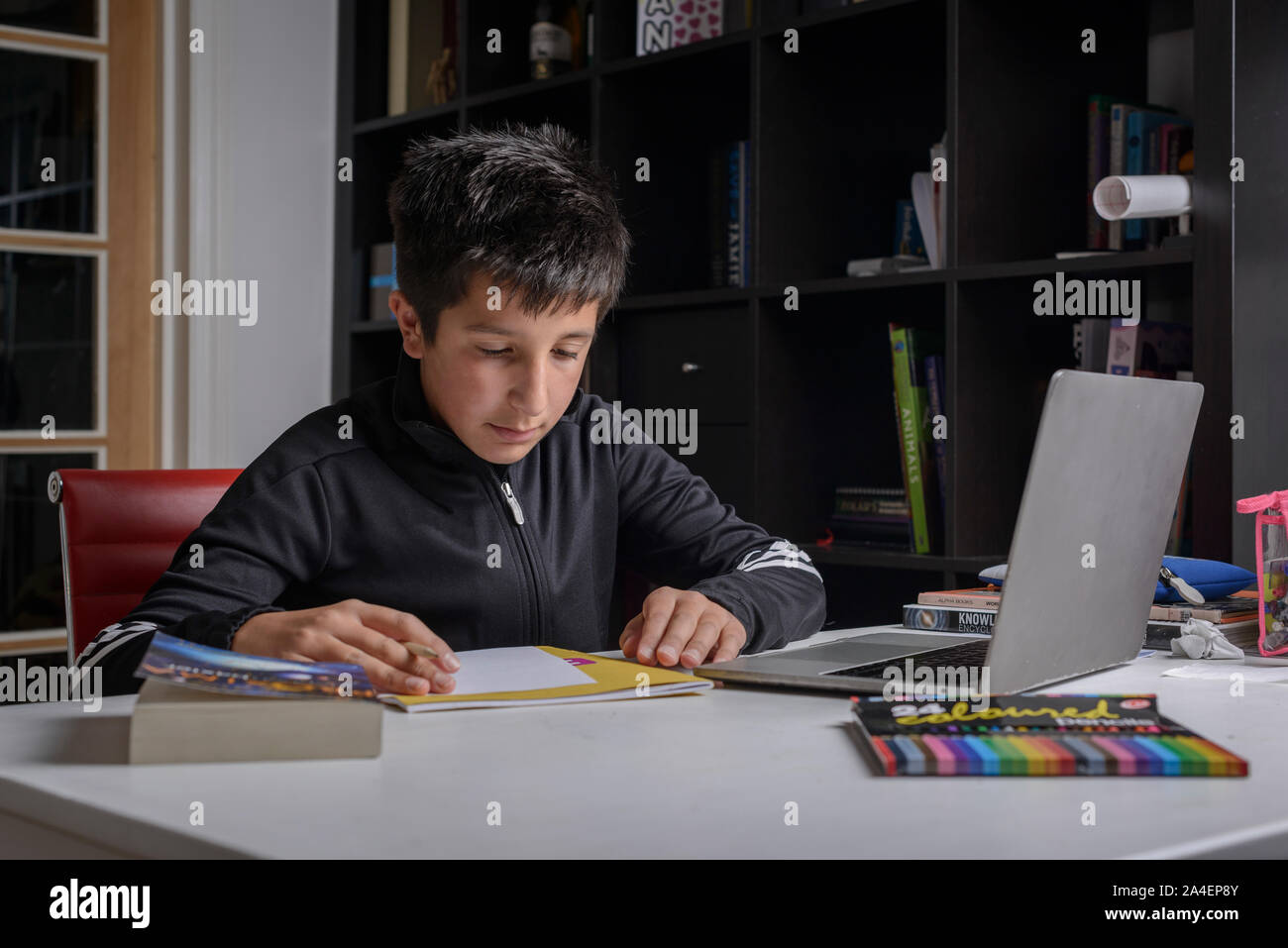 Regno Unito, Surrey, - Bambino , 12 anni di studi a casa Foto Stock