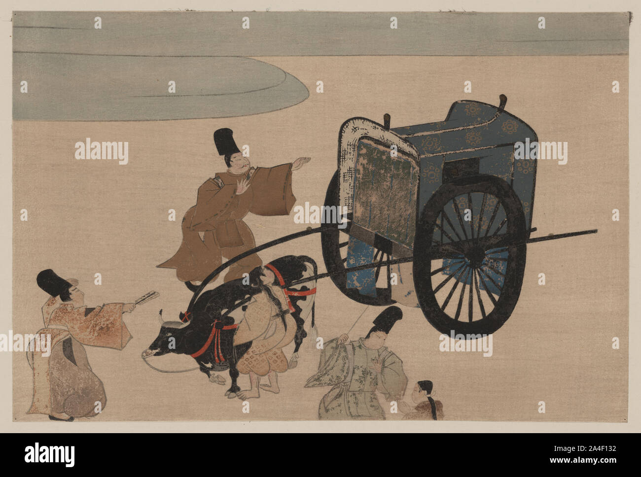 Tre uomini, eventualmente corte funzionari e due ragazze con un due ruote di ox-cart Foto Stock