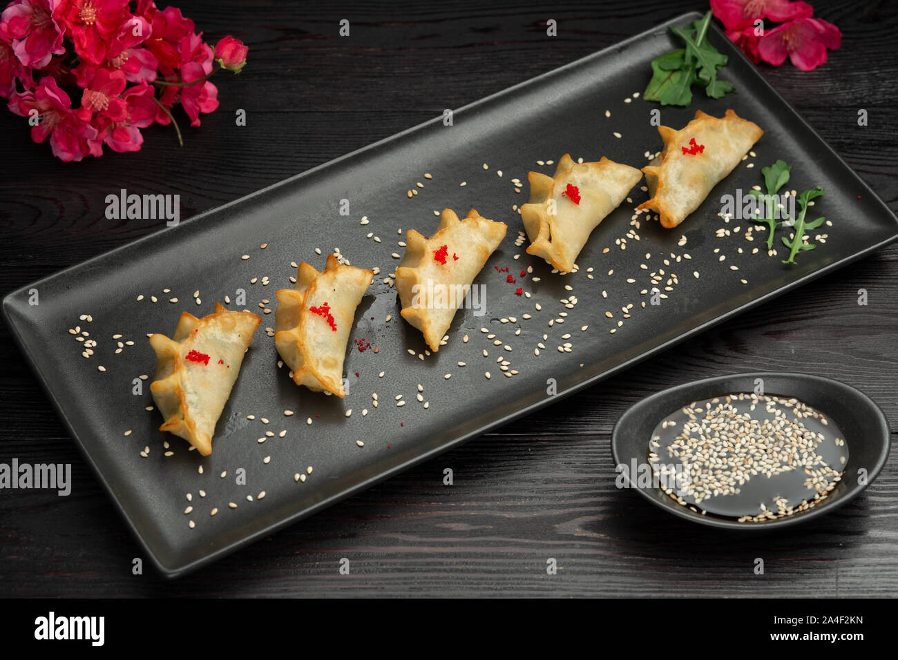 Ebi gedza cinese gnocco fritto con gamberi e verdure in una piastra nera su sfondo scuro, serviti con salsa Foto Stock