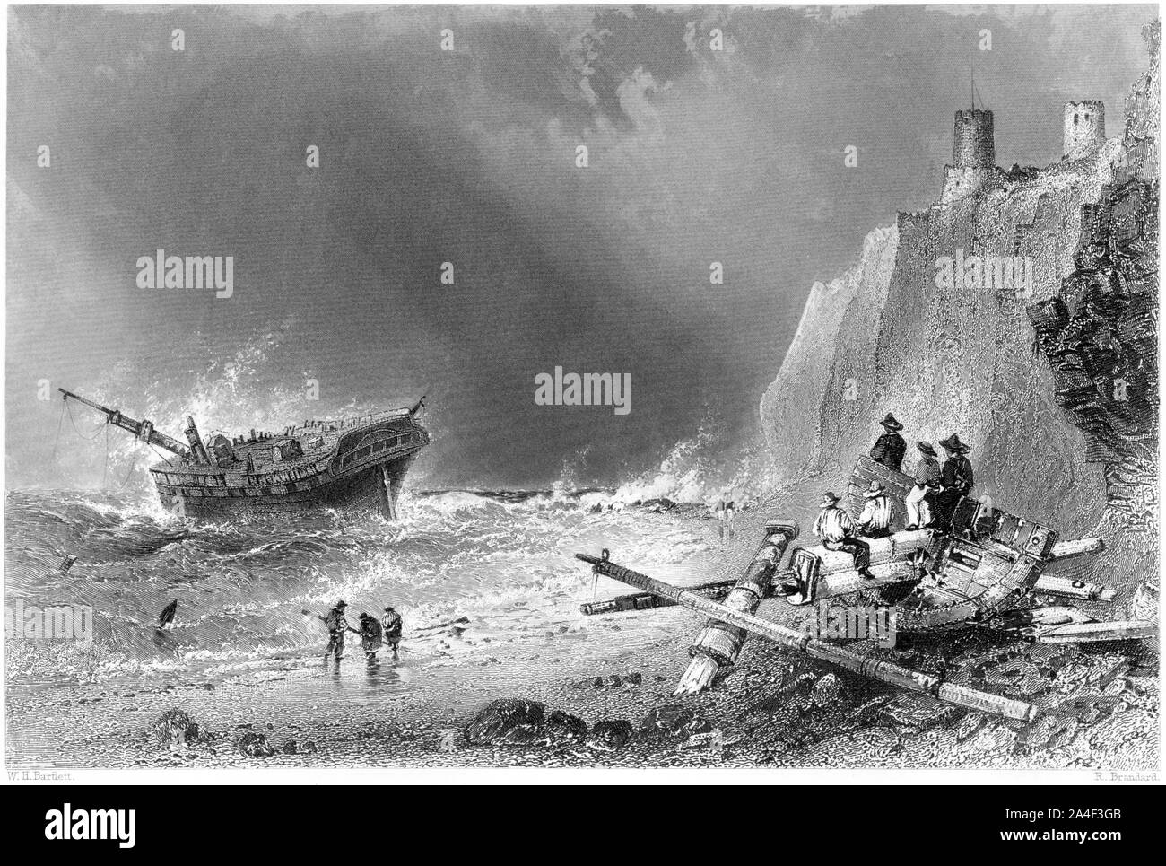 Un'incisione di un Wreck a Kingsgate Bay (Isola di Thanet) UK scansionata ad alta risoluzione da un libro stampato nel 1842. Creduto esente da copyright. Foto Stock