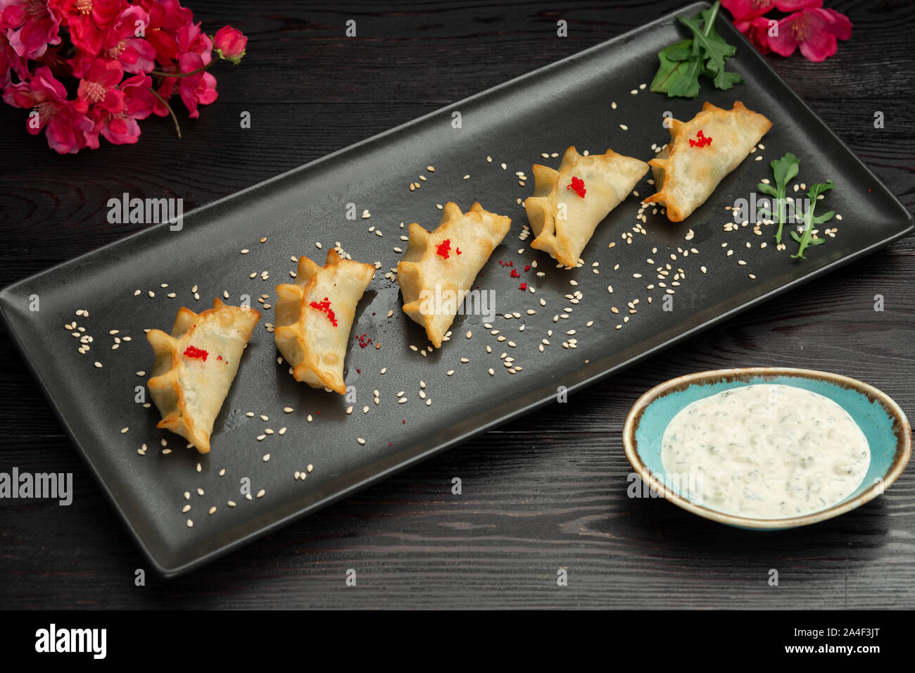 Ebi gedza cinese gnocco fritto con gamberi e verdure in una piastra nera su sfondo scuro, serviti con salsa Foto Stock