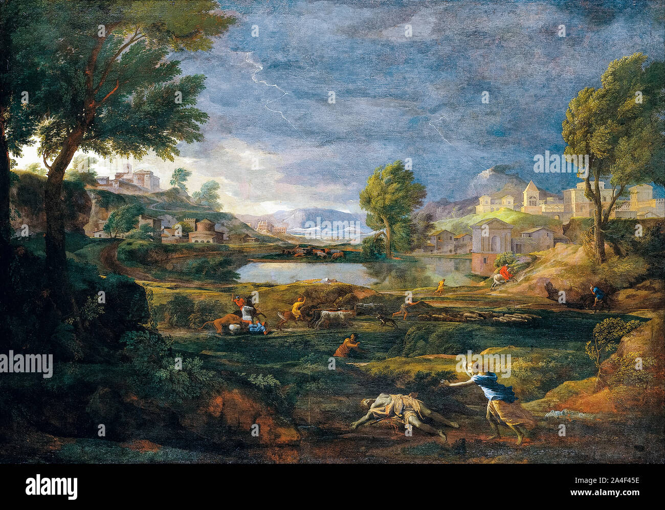 Nicolas Poussin, paesaggio durante un temporale con Pyramus e Tisbe, pittura, 1651 Foto Stock