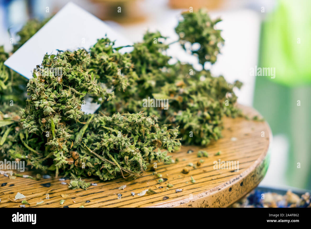 La cannabis sativa essiccato marijuana closeup sul tavolo Foto Stock