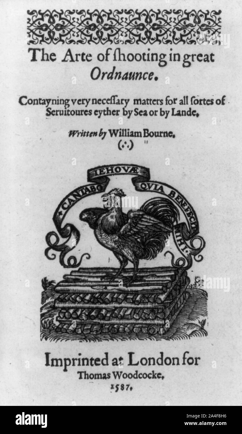 Titolo pagina dalla tecnica di ripresa in grande ordnaunce... scritto da William Bourne. Impresso a Londra per Thomas Woodcocke, 1587 Foto Stock