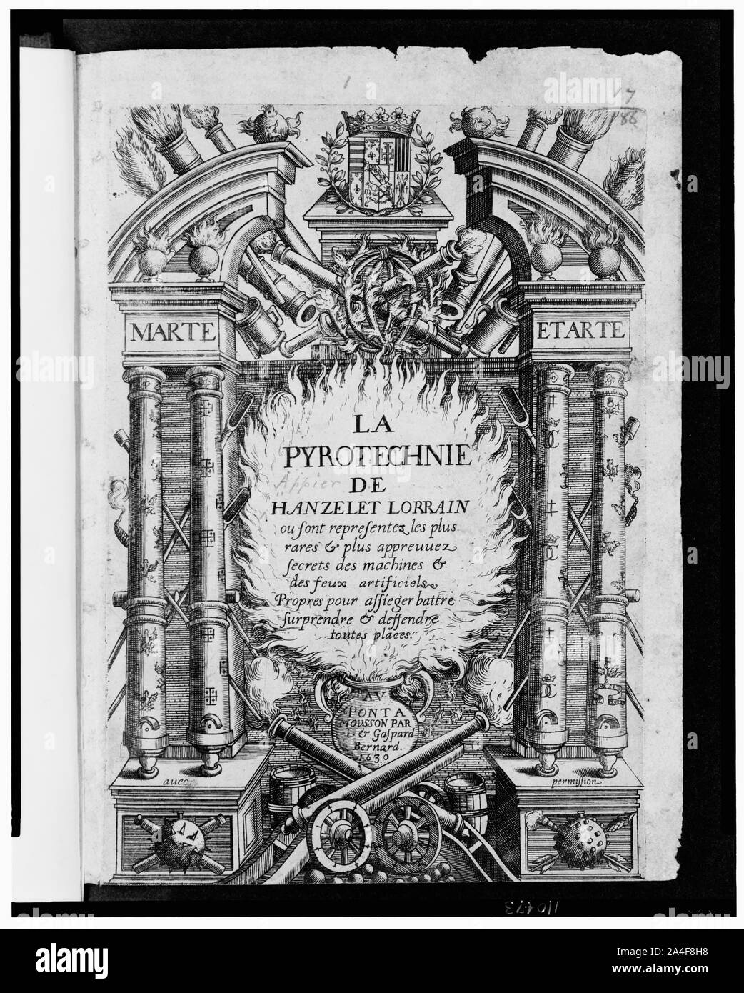 Pagina titolo illustrazione per la pyrotechnie mostra colonne, gli archi, un immenso incendio proveniente da un calderone, cannoni e cannon barili di varie dimensioni, nonché flaming le palle di cannone Foto Stock