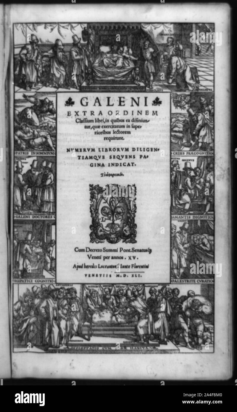 Pagina del titolo di Extra ordinem classium libri con illustrazioni di frontiera che mostra medical scene dalla vita di Galen, medico di Marco Aurelio Foto Stock