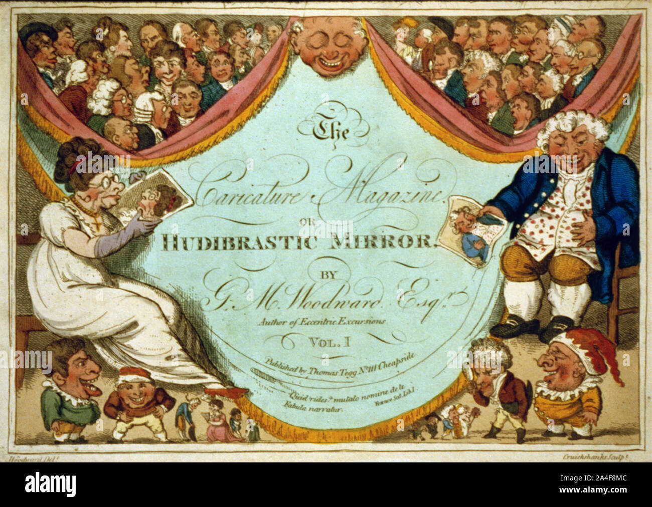 Titolo pagina di George Murgatroyd Woodward, la caricatura rivista o Hudibrastic specchio con una maschera di ridere di John Bull tipo, affiancato da una donna e un uomo seduto e lauging, sia brutto e anziani. Il sipario scende su ciascun lato della mascherina centrale di divulgare la caricatura capi Foto Stock