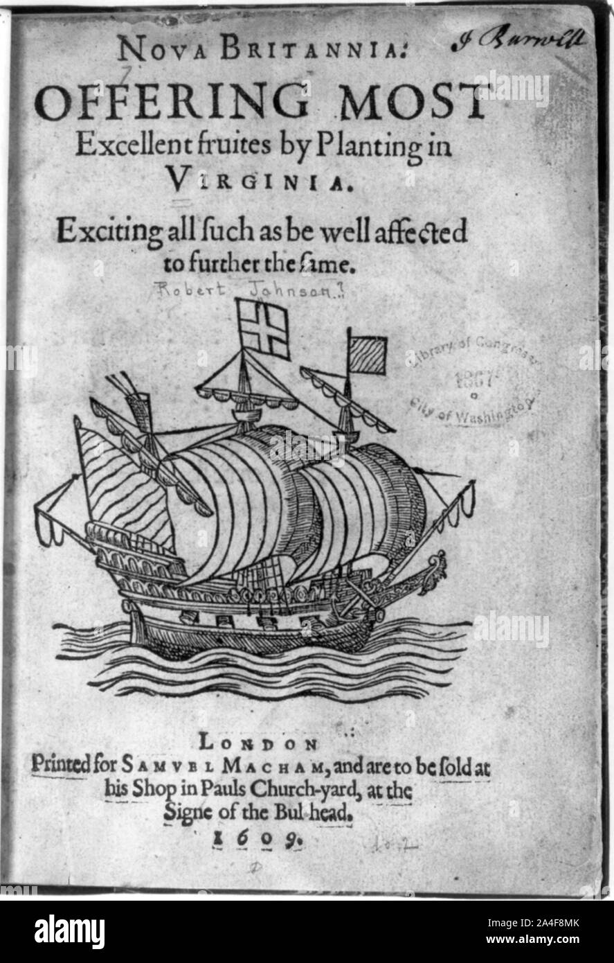 Titolo pagina di Nova Brittania: offrire la maggior parte dei frutti eccellenti da piantagione in Virginia, illustrata con nave a vela Foto Stock