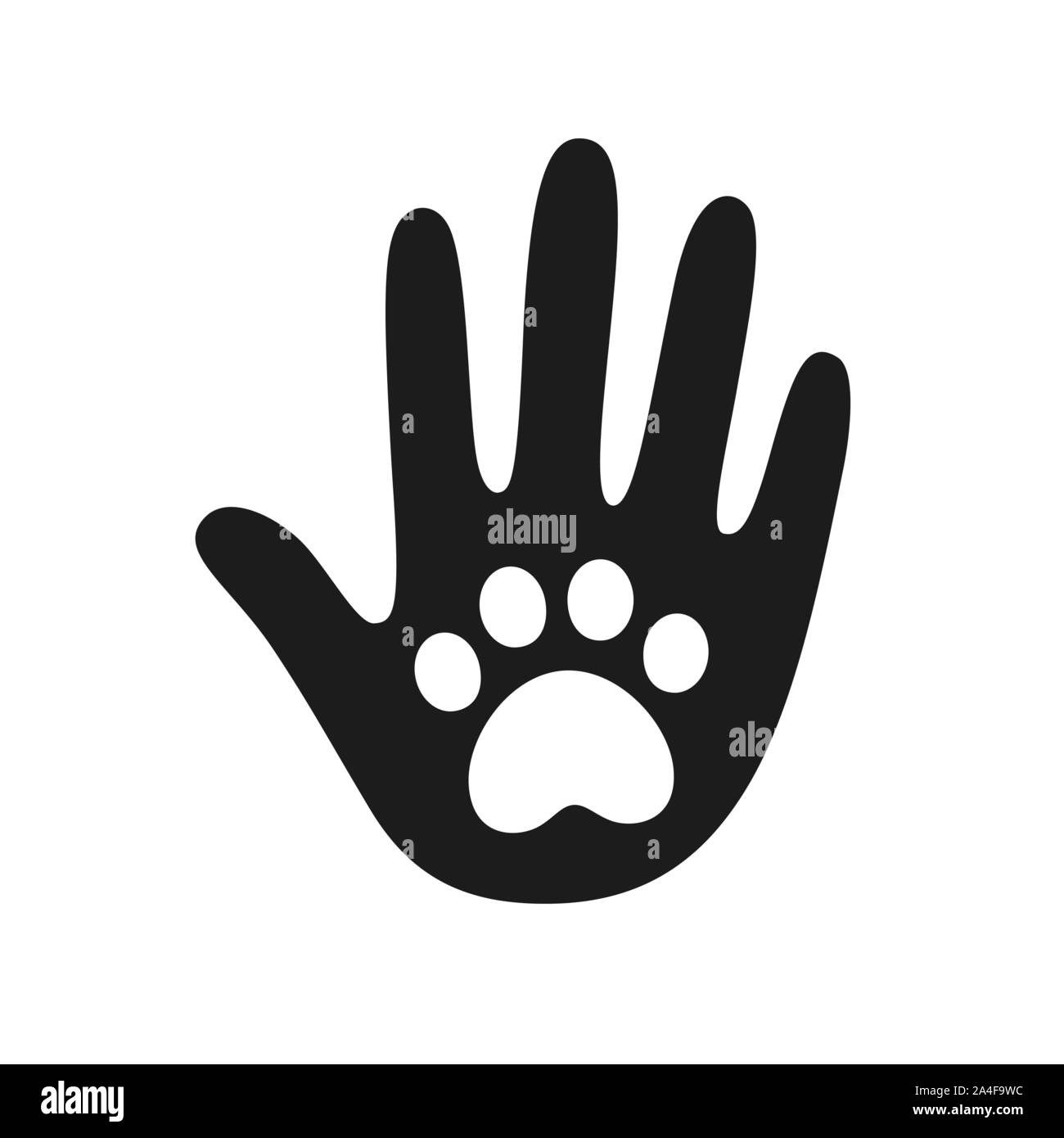 Mano umana palm con il cane o il gatto zampa simbolo di stampa. Questioni veterinarie pet care, shelter per l'adozione o l'animale carità logo design elemento. Mano mal di vettore Illustrazione Vettoriale