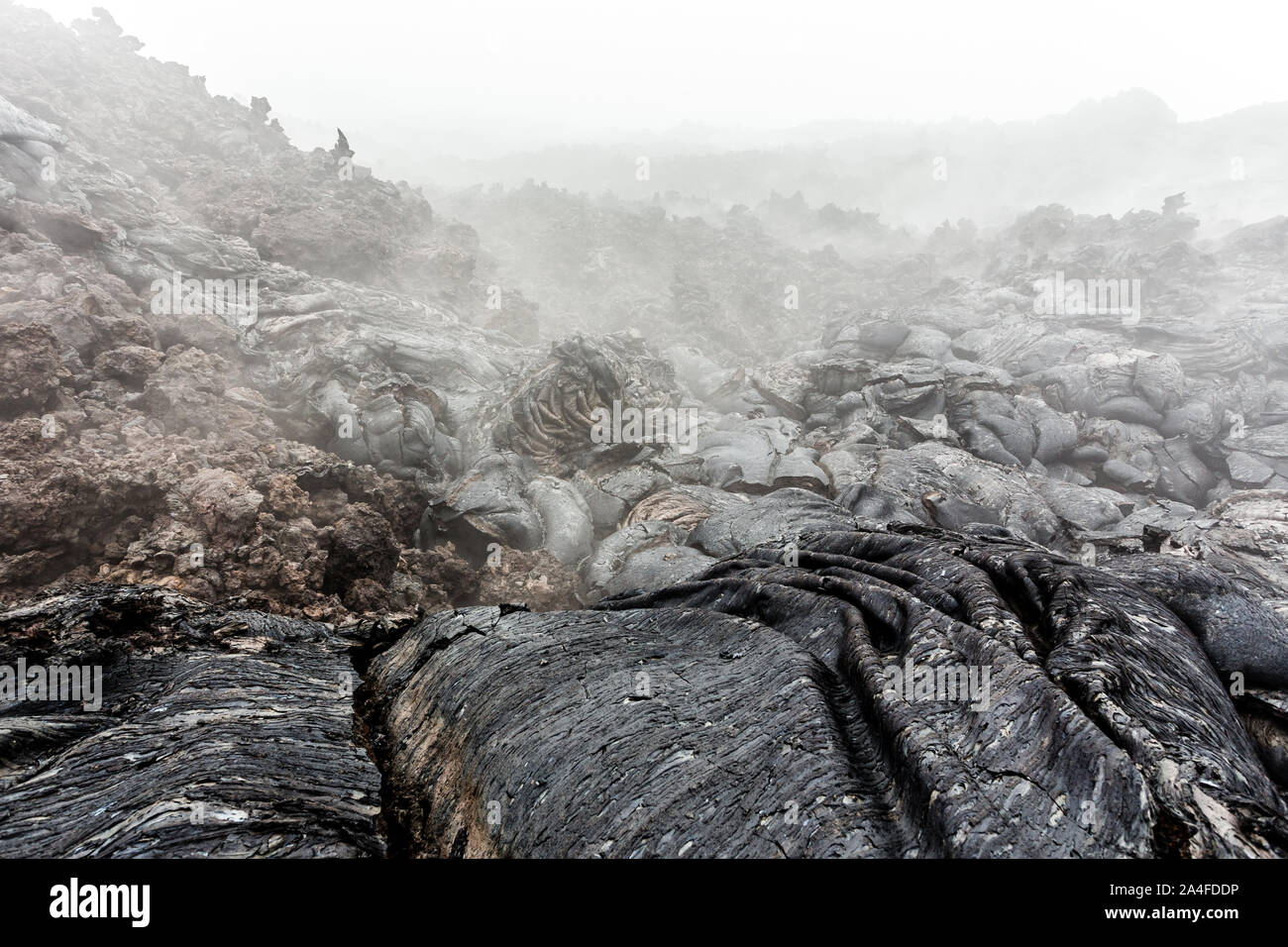 Volcanic foggy paesaggio con lava solidificata. Lava solida vicino attivo vulcano Tolbachik, penisola di Kamchatka, Russia Foto Stock