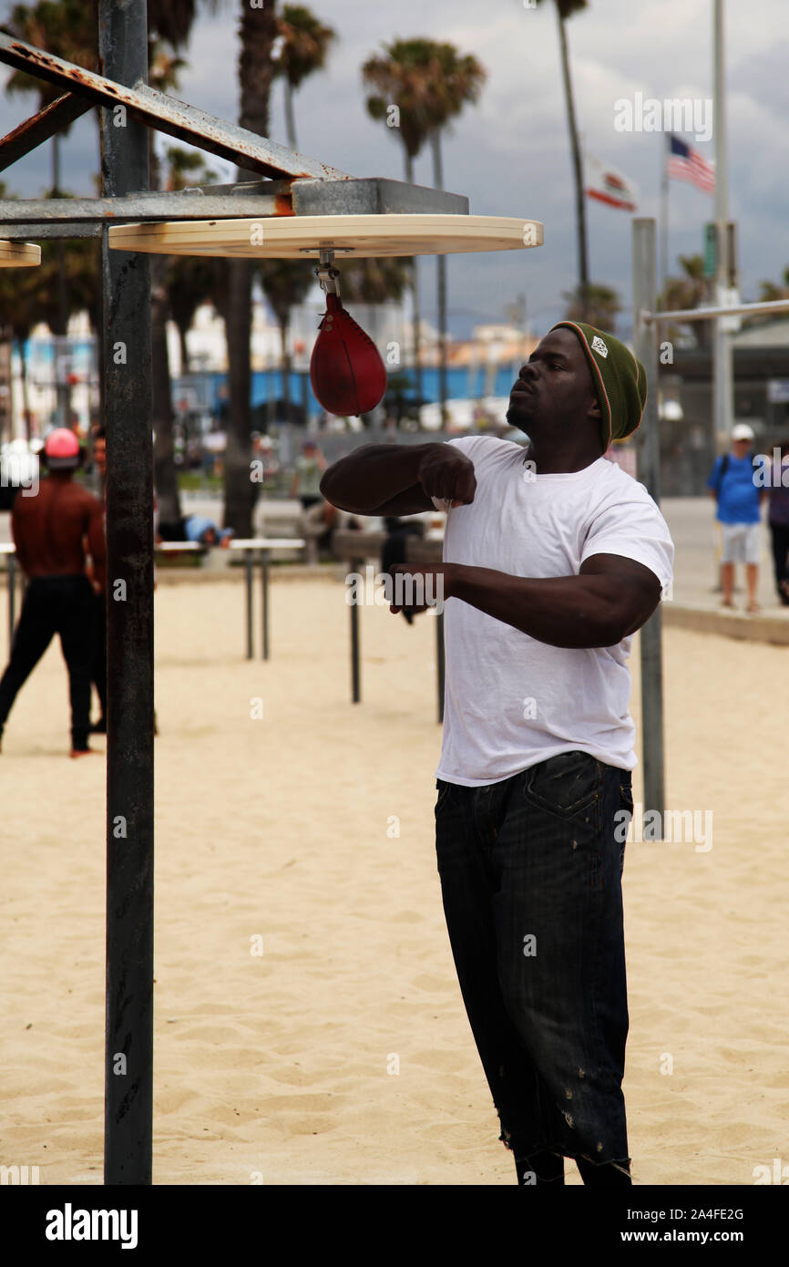 La spiaggia di Venice, California - African American uomo che colpisce Speed bag, mantenendo montare al sole con punzone bag, 2015 Foto Stock