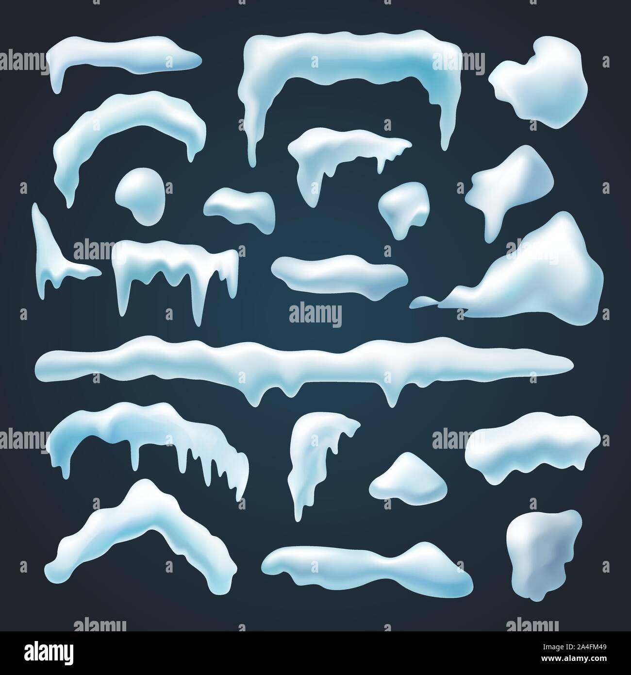 Serie di tappi di neve, cumuli di neve di varie forme, stagionale nevoso di elementi decorativi, isolato illustrazione vettoriale. Illustrazione Vettoriale