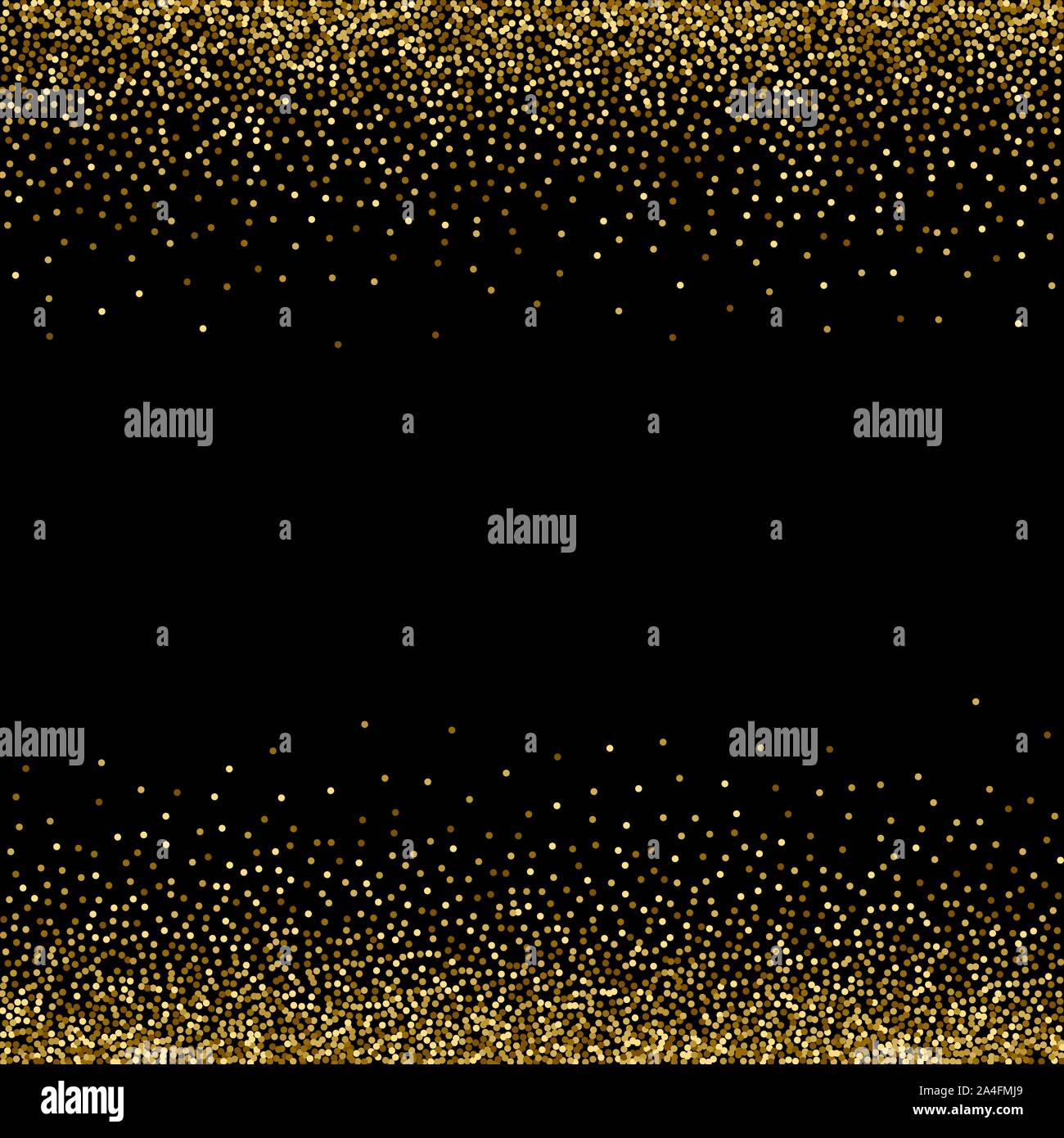 Golden Stars, scintillante di coriandoli. Sparse in piccoli e frizzante, sfere lucide, cerchi. Casuale caduta stellare su uno sfondo nero. Sfondo di Natale Ch Illustrazione Vettoriale