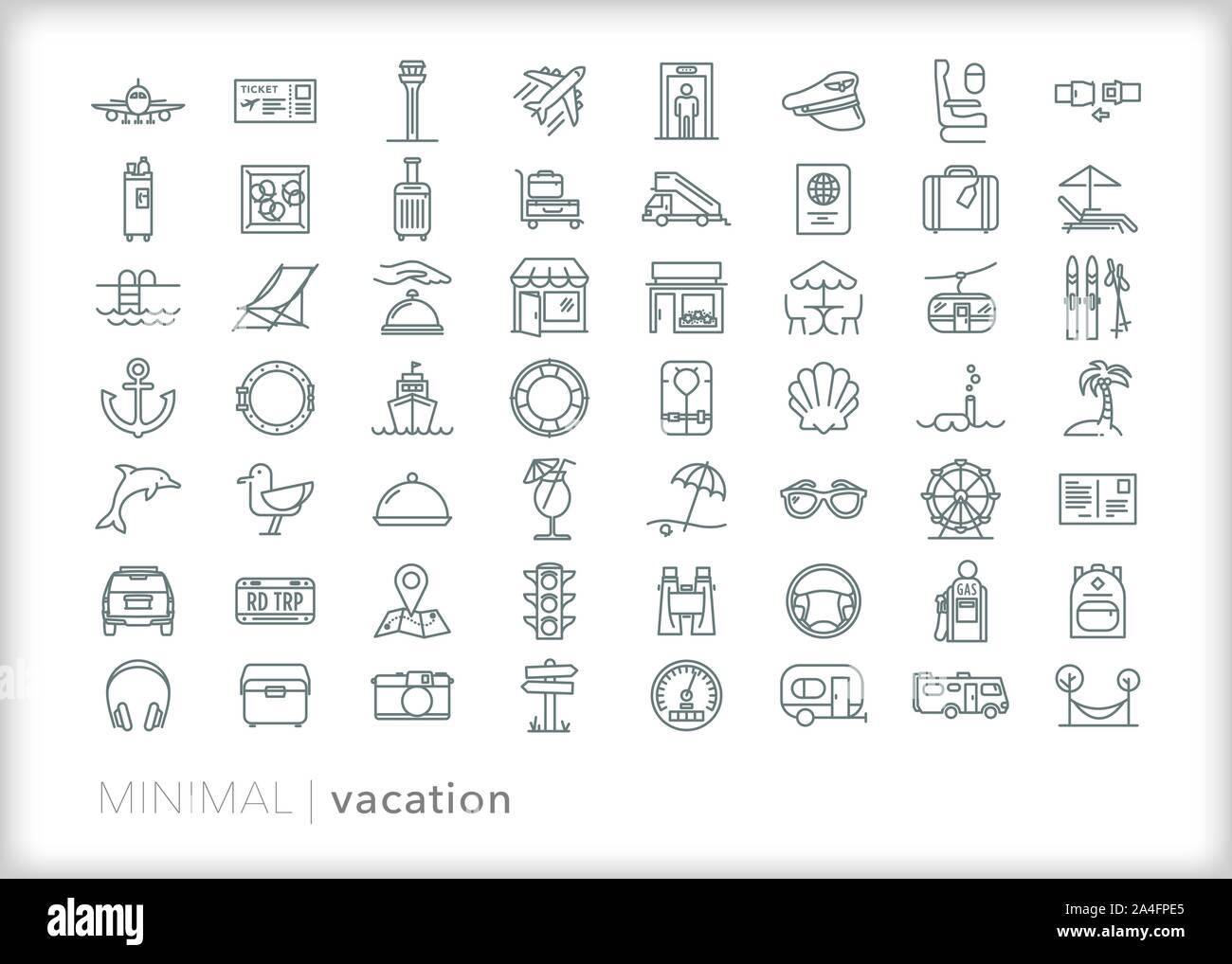 Set di 50+ vacanza icone di linea per il viaggio, volare, crociera, vacanza in spiaggia, e viaggio Illustrazione Vettoriale