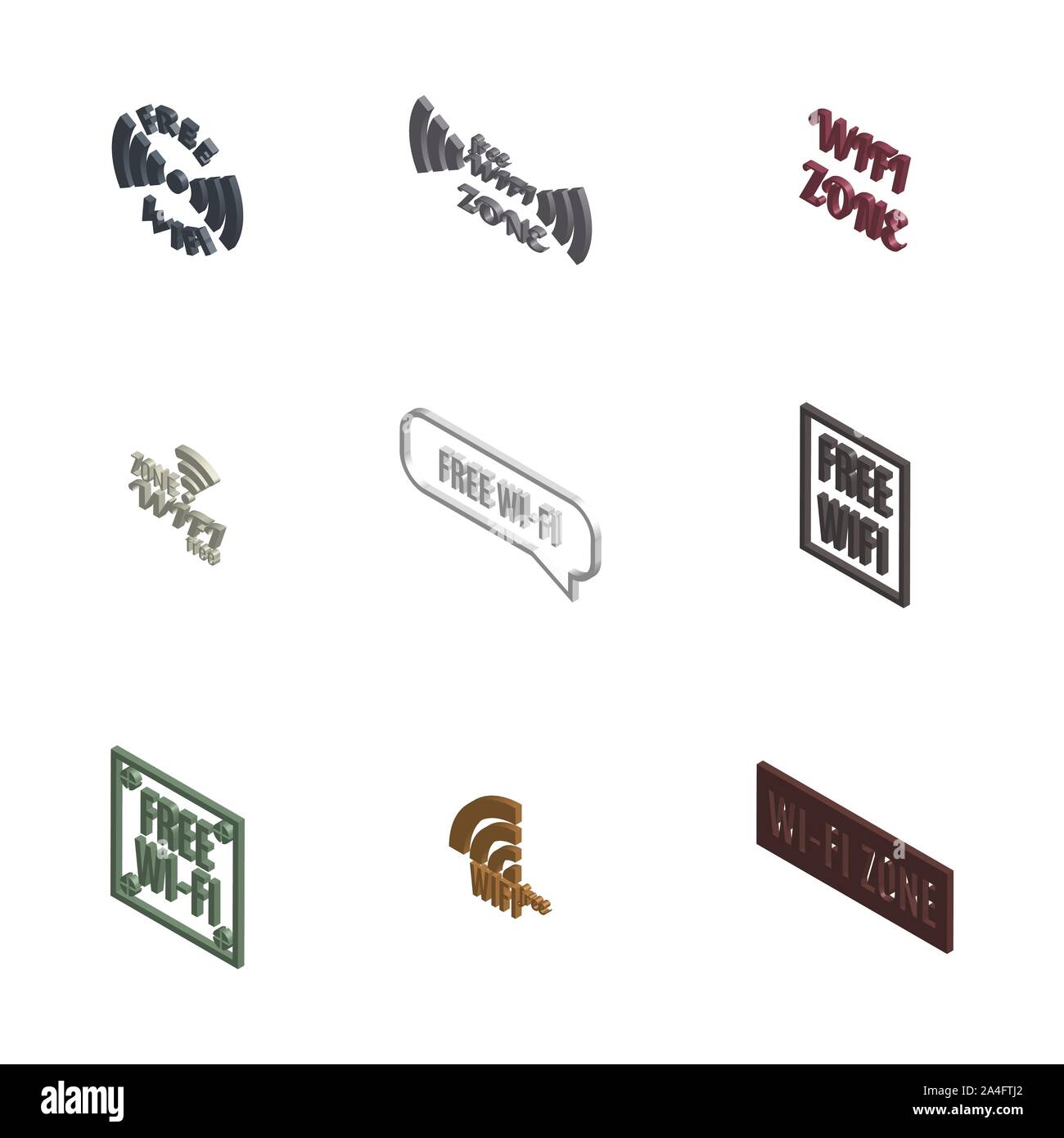 Set di varie icone senza fili isolati su uno sfondo bianco. 3D isometrica stile, illustrazione vettoriale. Illustrazione Vettoriale