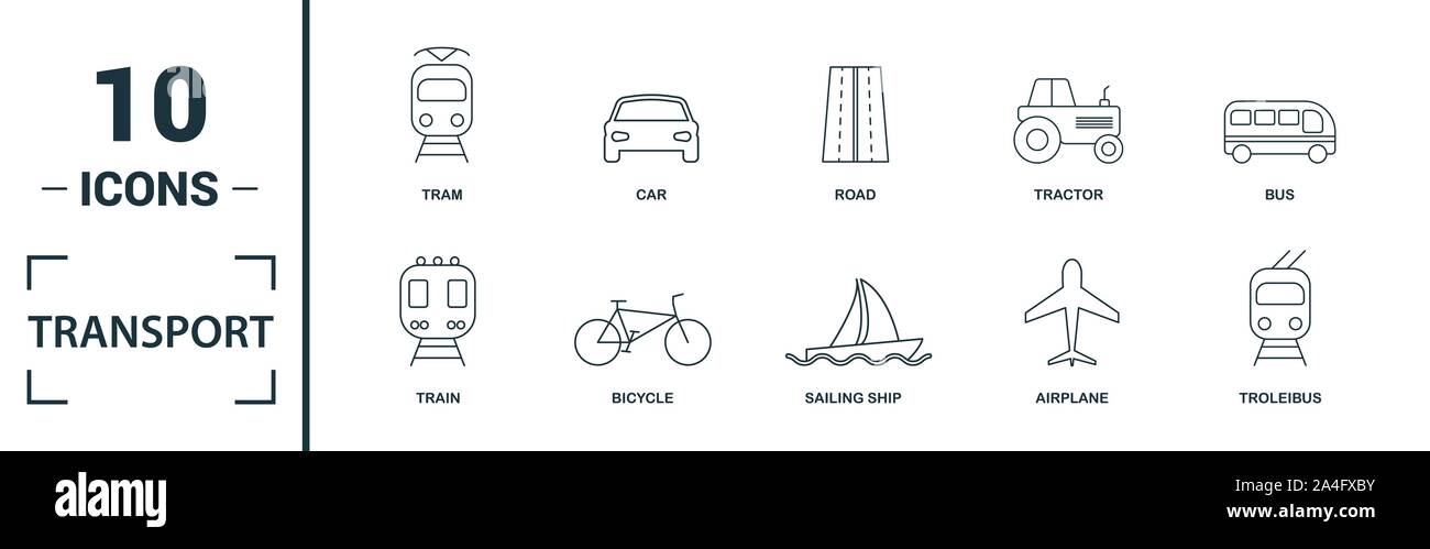 Icona del trasporto set. Includere elementi creativi auto, moto, biciclette, troleibus, taxi icone. Può essere utilizzato per la relazione, presentazione, diagramma, web Illustrazione Vettoriale