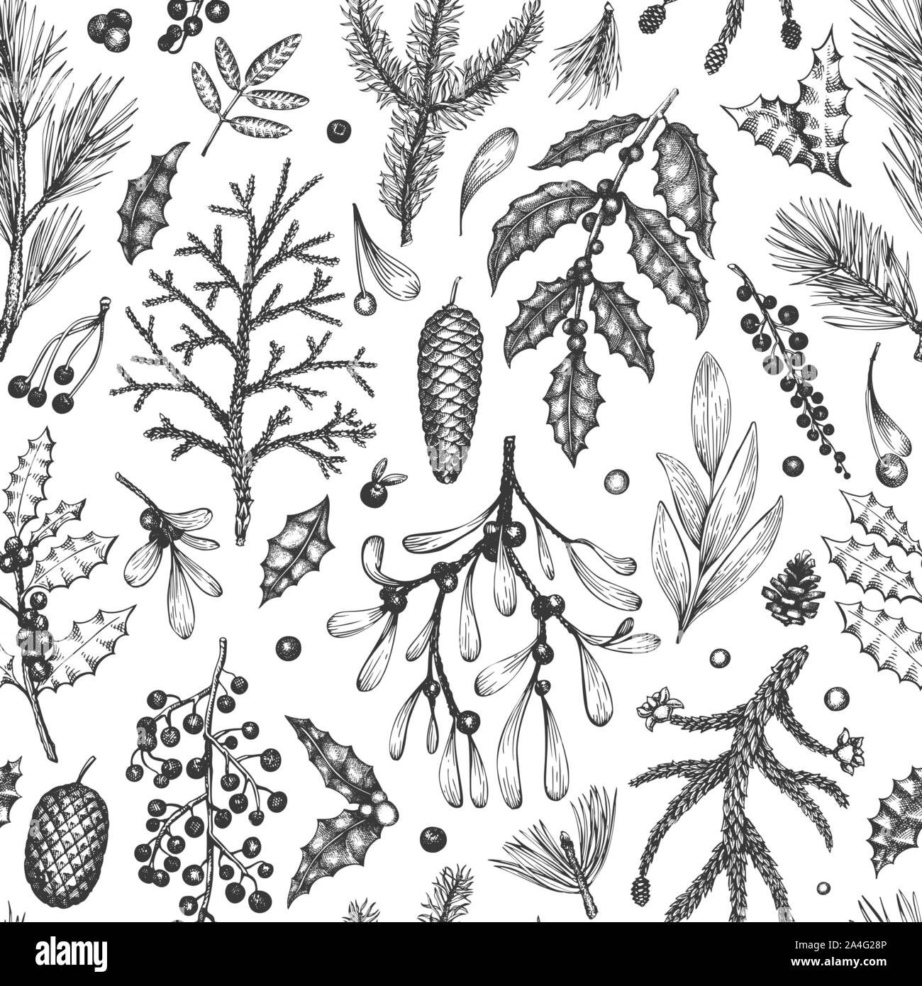 Natale seamless pattern. Disegnata a mano vettore impianti inverno sfondo. Conifere, agrifoglio, vischio modello di disegno. In stile retrò illustrazioni Illustrazione Vettoriale
